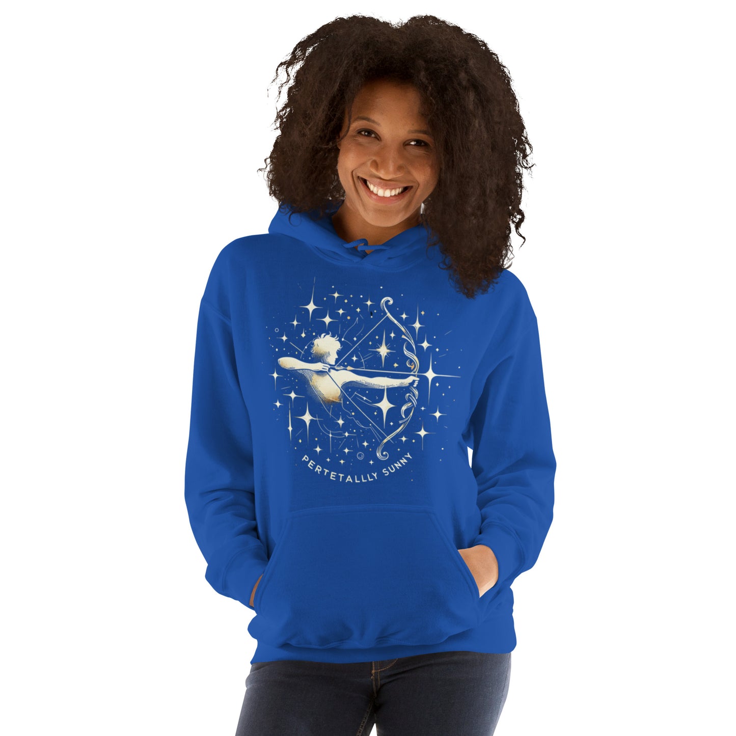 Unisex Sunlit Sagittarius Hoodie - Perpetually Sunny Archery Design"