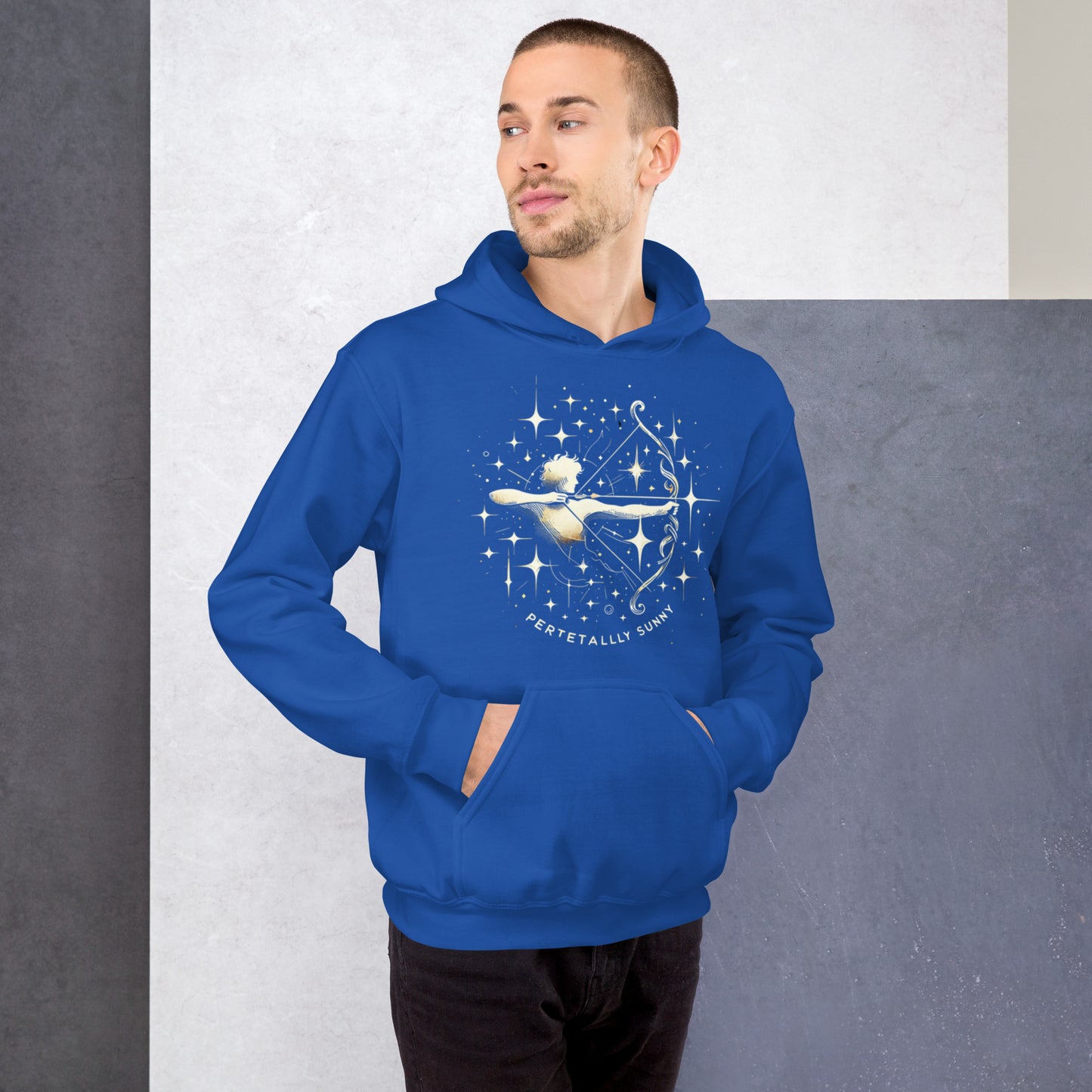 Unisex Sunlit Sagittarius Hoodie - Perpetually Sunny Archery Design"